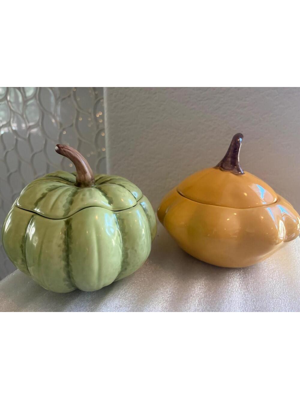 Crate And Barrel B Eigen Harvest Yellow and green pumpkin/gourd with Lids